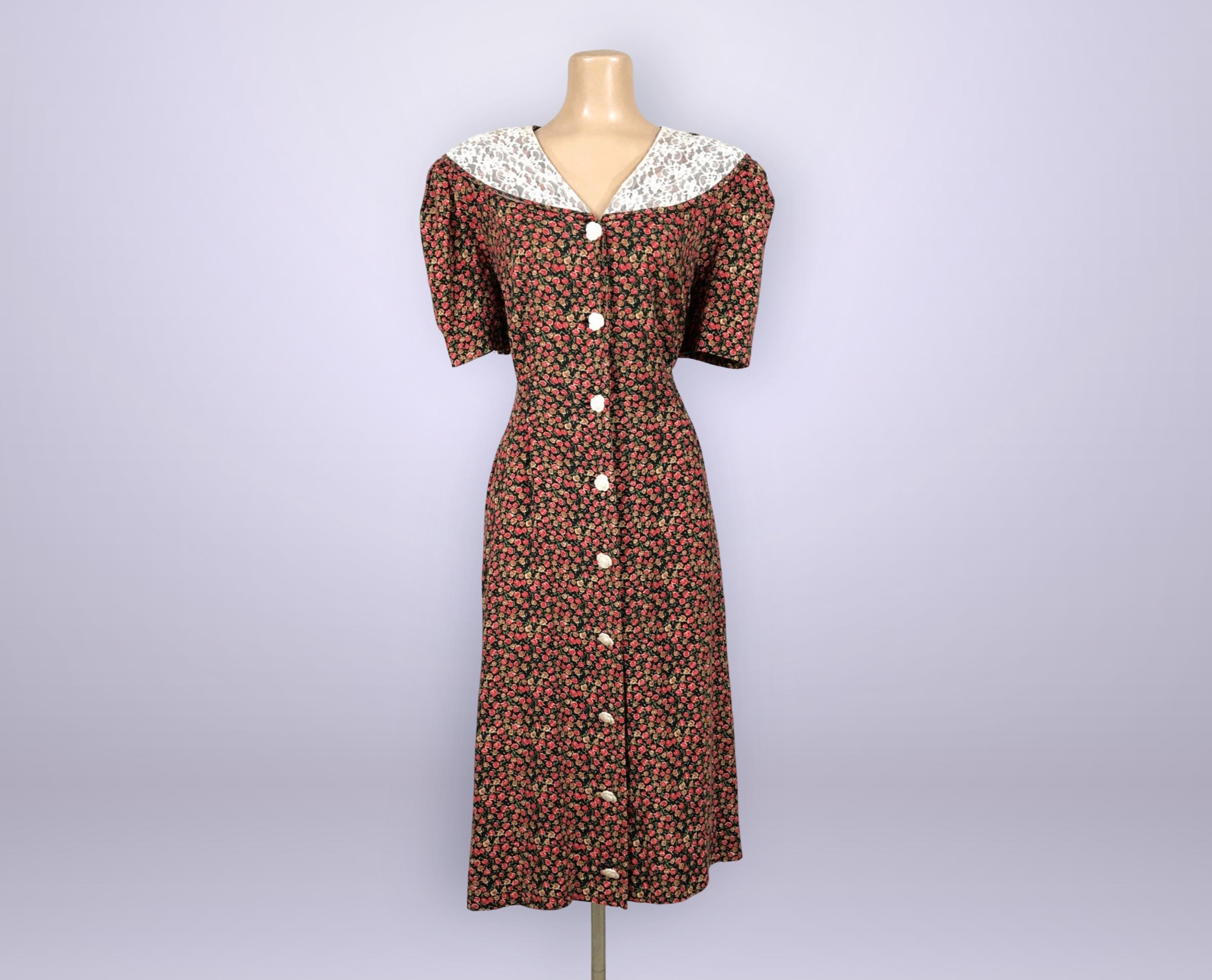 VINTAGE 90s Floral Rayon Dress with Lace Collar and Pockets by Worthington Sz 14 | 1990s Cottagecore Grunge Dress Plus Volup | VFG