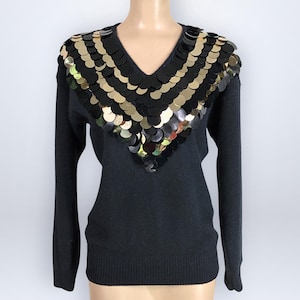 Vintage 80s Black & Gold Sequin Sweater Bonnie and Bill Embellished Angora Wool VFG