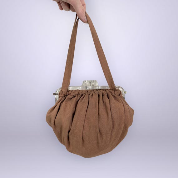 VINTAGE 40s Clear Lucite Mocha Brown Linen Pouch Purse 1940s