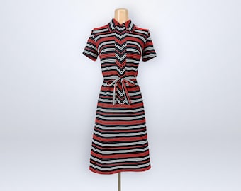 Vintage 60s Mod Black Red White Belted Zip Front Sheath Dress Hob-Nobber Large VFG