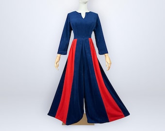 Vintage 70s Colorblock Velour Jumpsuit Large Maxi Dress Look Disco Palazzo Wide Leg VFG