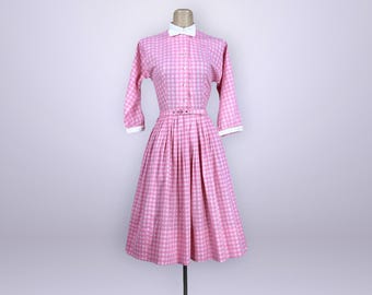 VINTAGE 50s Pink Gingham Day Dress with Bow Tie By Dress Town 38x26 | 1950s Full Sweep Belted Shirtwaist Dress | VFG