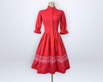 Vintage 1950s Red Embroidered Cotton Shirt Dress Ruffled Sleeve Full Swing VFG
