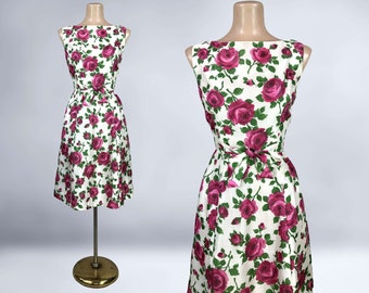 VINTAGE 60s Ravishing Rose Print Silk Dress by Hayette New York | 1960s Fit n Flare Party Dress | Marilyn Style | VFG