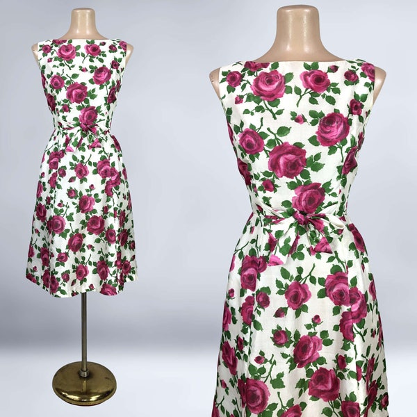 VINTAGE 60er Jahre hinreißendes Rosen Print Seidenkleid von Hayette New York | 1960er Jahre Fit n Flare Partykleid | Marilyn-Stil | VFG