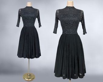 VINTAGE 50s 60s Black Chiffon and Lace Full Sweep Party Dress | 1950s 1960s Fit n Flare Taffeta Cocktail Prom Dress | VFG