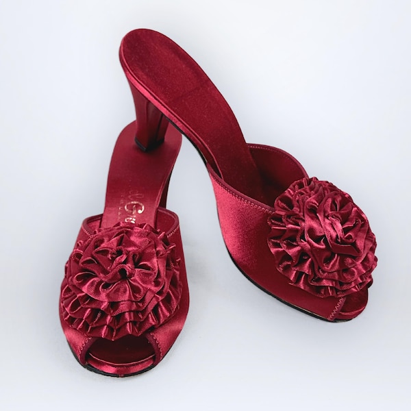 Vintage 50s Daniel Green Wine Red Satin Boudoir High Heel Slippers Box 7.5 VFG