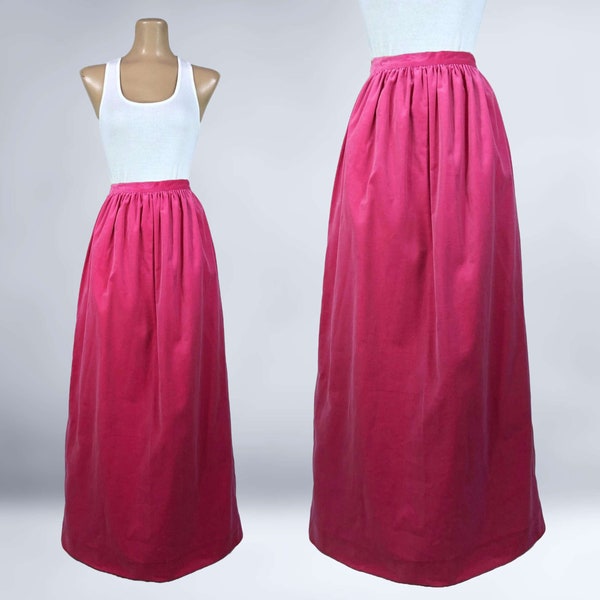 VINTAGE 60s Hot Pink Velvet Maxi Skirt with Pockets 26" Waist | 1960s Long Skirt in Plush Day-Glo Pink | VFG