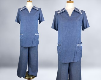 VINTAGE 60s Nautical Chambray Tunic Top and Pants Set by Dash About Size 18 | 1960s Plus Size Volup Wide Leg Pant Suit | Maternity | VFG