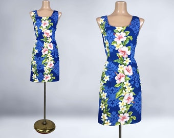 VINTAGE 80s 90s Blue Floral Hawaiian Mini Sheath Dress Sz Large By TY | 1980s 1990s Tropical Hibiscus Tiki Dress | VFG
