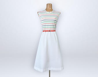 Vintage 70s Mod White Colorful Rainbow Striped Sleeveless Belted A-line Dress VFG