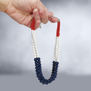 VINTAGE 70s Red White and Blue Graduated Beaded 3 Strand Necklace Patriotic 1970s 4th of July Jewelry Gumball Necklace VFG image 5