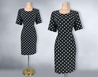 VINTAGE 80s Black and White Polka Dot Power Dress by My Michelle Sz 14 | 1980s Classy Wiggle Office Dress | VFG
