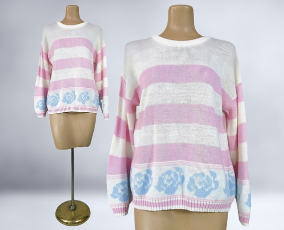 VINTAGE 80s Pastel Pink & White Striped Sweater w… - image 1