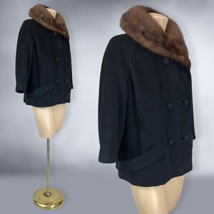 VINTAGE jaren '50 nertsbontkraag zwarte wollen jas jas van Bretagne Jaren '50 Double Breasted Pluizig Bont Korte Swingjas VFG afbeelding 5