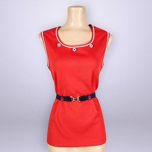 VINTAGE 60s 70s Red Nautical Sleeveless Tunic Top XL | 1970s Belted Tank Shirt Vest Blouse | VFG
