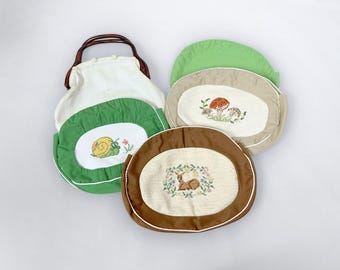 Vintage 60s Bermuda Bag Set Four Covers Novelty Needlepoint Lucite Handles VFG