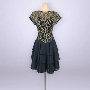 VINTAGE 1980s Black & Gold Gothic Lace Party Dress | Late Edition Size 8 | Illusion Neckline, Ruffled Skirt, Witchy Cocktail Style | VFG