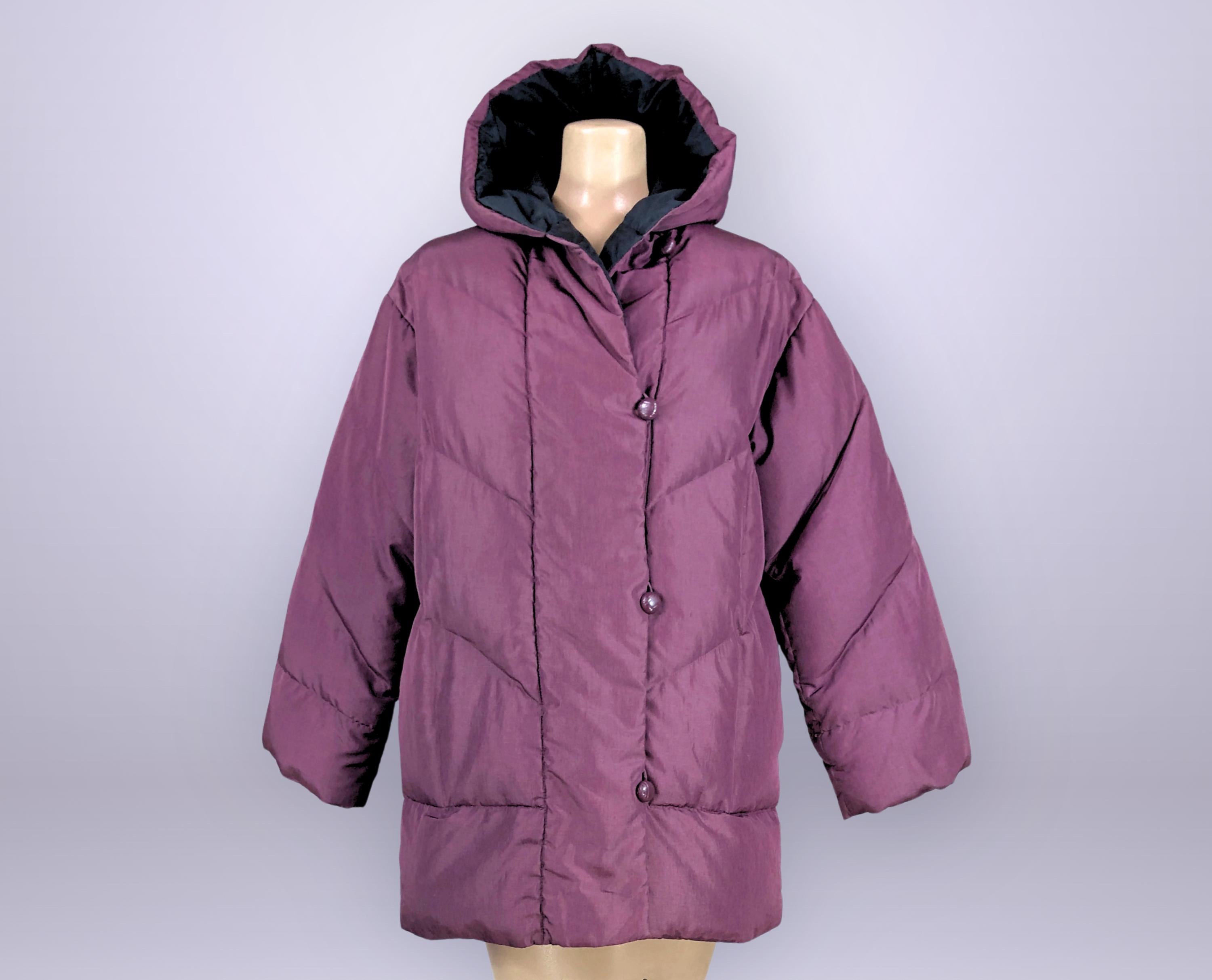 VINTAGE 80s Burgundy Down-Filled Puffer Coat by The Company Store | Hooded Winter Jacket Sz 10 | VFG