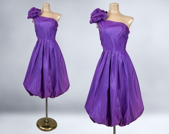 VINTAGE 60s Purple Taffeta One Shoulder Bubble Hem Party Dress | 1960s MCM Cocktail Prom Dress As-is | VFG