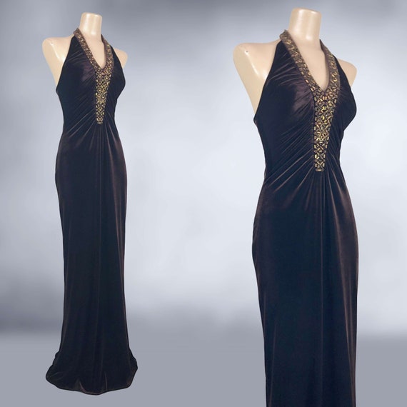 VINTAGE 90s Y2K Brown Velvet Formal Dress with Be… - image 5