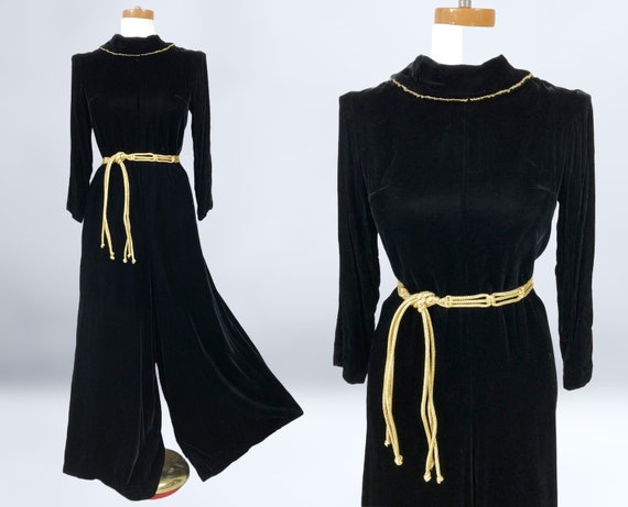 VINTAGE 60s Luxe Black Rayon Velvet Palazzo Pants… - image 1