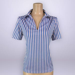 VINTAGE 70s Red White & Blue Striped V Neck Collared Top By Marlene L XL | 1970s Short Sleeve Shirt Blouse | VFG