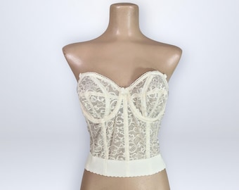 VINTAGE 90s Cream Lace Bridal Bustier 34B Strapless Longline Corset Bra | VFG