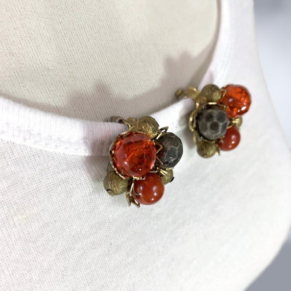 VINTAGE 50s Unique Hobe Orange and Gold Bead Clus… - image 5