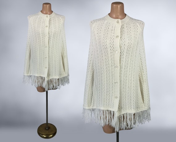 VINTAGE 60s 70s Knit Sweater Cape with Fringe OS … - image 1