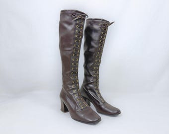 Vintage 90s Brown Lace Front Knee High Block Heel Boots Retro 60s Style Size 6 VFG