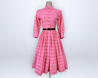 Vintage 50s Full Pleated Pink Shadow Plaid Cotton Shirtwaist Dress XS Rockabilly VFG
