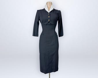 Vintage 50s Unique Hourglass Wiggle Dress Double Layer Petal Collar Attached Jacket VFG