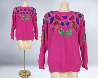 VINTAGE 80s Hot Pink Sequin Batwing Sweater by Diana Marco Size 40/20W | 1980s Embellished Sweater | Plus Size Volup | VFG