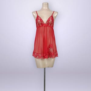 VINTAGE 2000s Y2K Frederick&#39;s of Hollywood Sheer Red Babydoll Chemise Nightgown Sz S | Chiffon and Lace Lingerie | VFG
