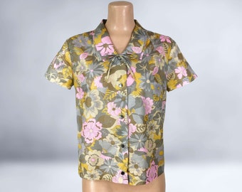 VINTAGE 60s Botanical Print Trevira Bow Tie Blouse Sz 42 XL Plus Size Volup | 1960s Double Collar Button Shirt | Vintage Separates | VFG
