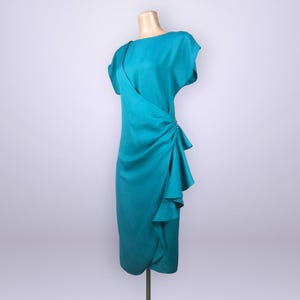 VINTAGE 80s Turquoise Side Draped Peplum Wrap Dress By Vicky Vaughn Size 11 | 1980s Does 40s Hip Swag New Wave Dress | VFG