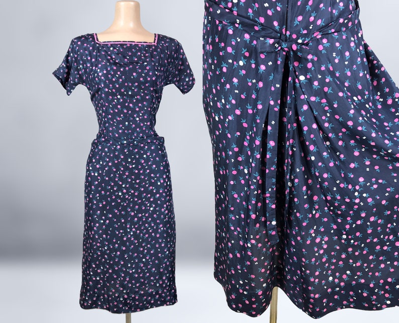 VINTAGE 40s Navy Blue Silk Novelty Print Dress with Pockets Radish Fruit 1940s Art Deco Vegetable Print Bombshell Dress VFG image 1