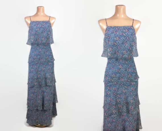 VINTAGE 70s Sheer Chiffon Tiered Bohemian Maxi Dre
