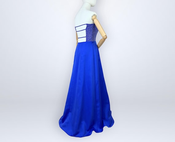 jump apparel blue dress Vintage 90s Strapless Sapphire Satin Prom Cage Back Sparkly Tactical Sleek Mini Court Dress Size:46 x 34 Simmered in shimmer and