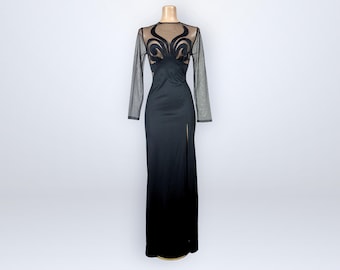 Vintage 70s Black Flame Illusion Mesh Avant Garde Jersey Evening Maxi Dress Frederick’s VFG