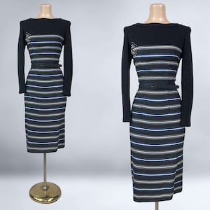 VINTAGE 50er Jahre Ringel Strick Zardozi Besticktes Woll Kleid von D.R.A. Original | 1950er Jahre Unikat MCM Atomic Wiggle Kleid | VFG