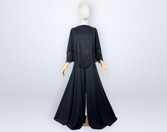Vintage 70s Ultra Wide Leg Palazzo Jumpsuit Fringe Cape Overlay | Hostess Disco Outfit VFG