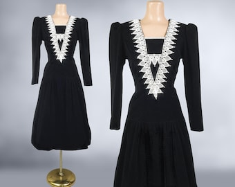 VINTAGE 80s Black Velvet Dress with Crochet Collar by You Too Babes Sz 5 | 1980s Dark Gothic Doll Wednesday Long Sleeve Drop Waist Dress vfg