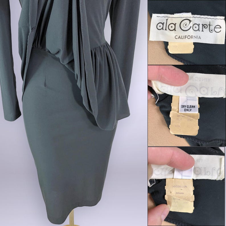 Puede incluir: Un vestido verde oscuro con mangas largas y un detalle de peplum en la cintura. El vestido tiene una falda ajustada y un corpi&ntilde;o drapeado. La etiqueta dice "ala Carte CALIFORNIA". El vestido est&aacute; hecho de una tela suave y fluida.