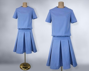 VINTAGE 60s Periwinkle Blue Pleated Drop Waist MOD Dress | 1960s Scooter Cheerleader Dress | VFG