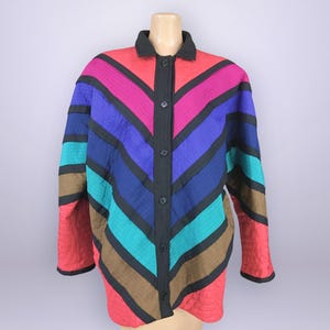VINTAGE 80s Marguerite Rubel Rainbow Chevron Striped Jacket Size 16 | 1980s Lightweight Patchwork Quilted Coat Plus Size Volup | VFG