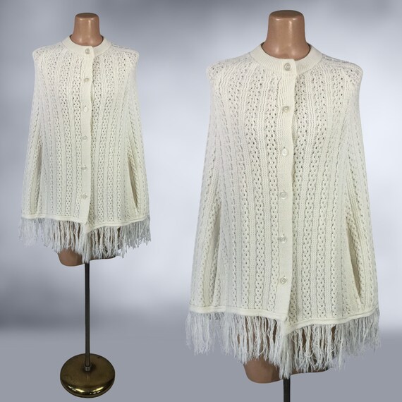 VINTAGE 60s 70s Knit Sweater Cape with Fringe OS … - image 10