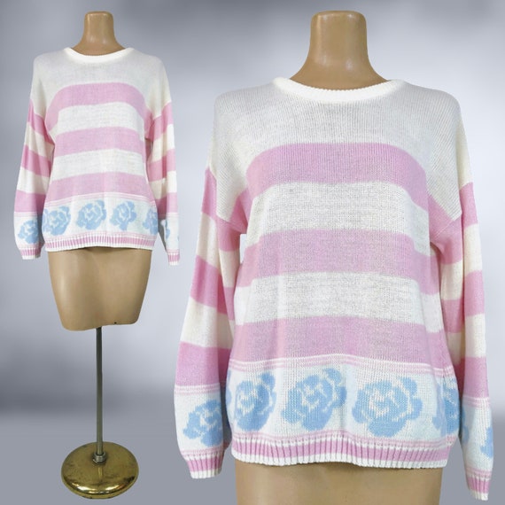 VINTAGE 80s Pastel Pink & White Striped Sweater w… - image 10