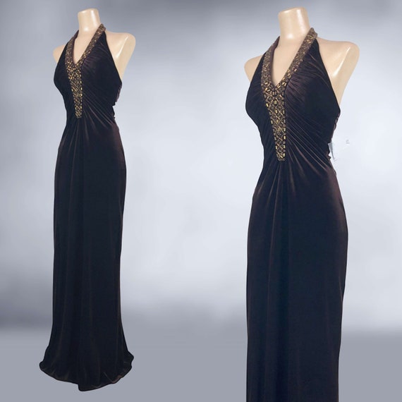 VINTAGE 90s Y2K Brown Velvet Formal Dress with Be… - image 4